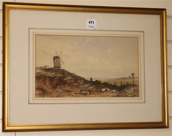 Circle of David Cox Cattle drover and windmill in a landscape 23 x 40cm